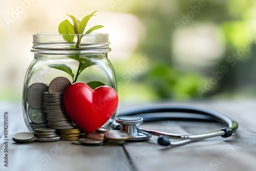 A jar of coins with a green plant and a red heart symbolizes a blend of financial health and emotional well-being, alongside a stethoscope suggesting care. photo