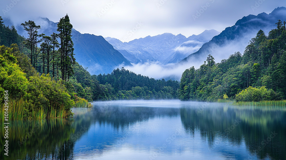 Serene lake surrounded by misty mountains and lush greenery at dawn in a remote area Serene lake surrounded by misty mountains and lush greenery at dawn in a remote area