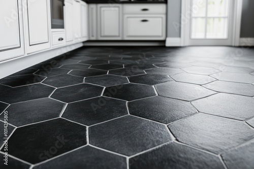 Black Hexagon Tile Floor in a Kitchen