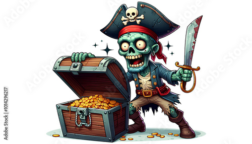 Cartoonish Zombie Pirate with a Chest of Treasure photo