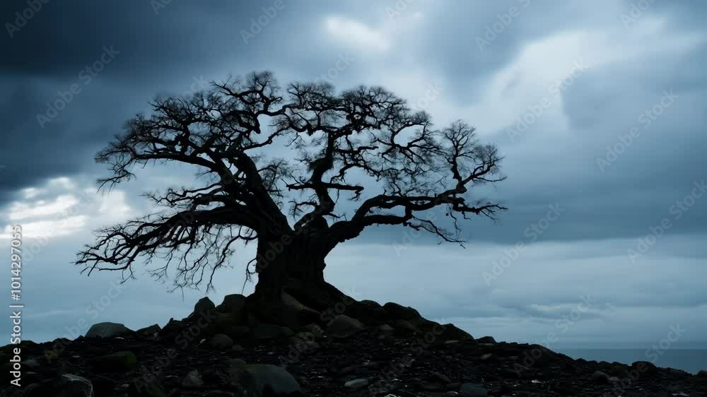 A lone leafless tree stands dramatically silhouetted against a dark stormy sky. The twisted branches and rugged landscape evoke a sense of mystery and timelessness. A lone leafless tree stands dramatically silhouetted against a dark stormy sky. The twisted branches and rugged landscape evoke a sense of mystery and timelessness.