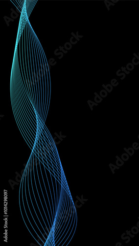 Abstract wavy dynamic blue green violet light lines curve banner on black background in concept technology, neural network, neurology, science, music, neon light