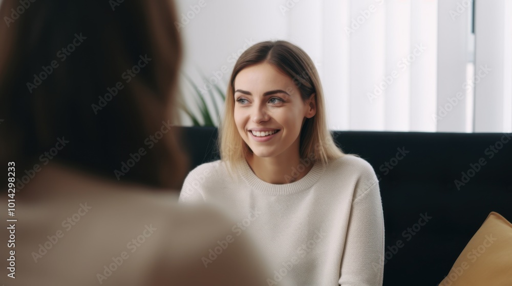 A young woman, sitting indoors, smiles as she engages in a conversation, radiating warmth and openness in a calm, inviting space. A young woman, sitting indoors, smiles as she engages in a conversation, radiating warmth and openness in a calm, inviting space.