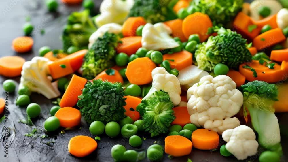 Freshly prepared colorful vegetable medley featuring broccoli, cauliflower, carrots, and peas on a dark countertop