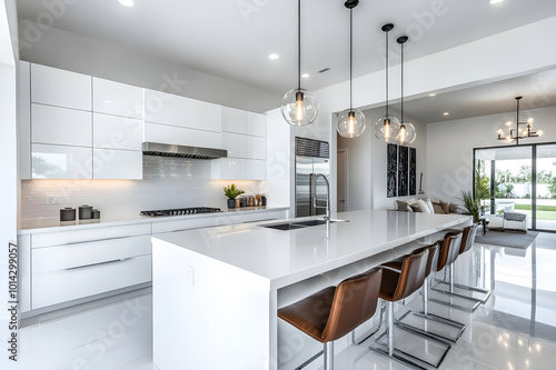 Sleek Minimalist Kitchen with High-Gloss White Cabinets, Waterfall Countertops, and Pendant Lights