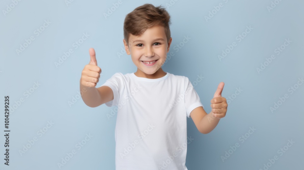 Smiling child with thumbs up in a white shirt against a light blue background, exuding joy and positivity. Smiling child with thumbs up in a white shirt against a light blue background, exuding joy and positivity.