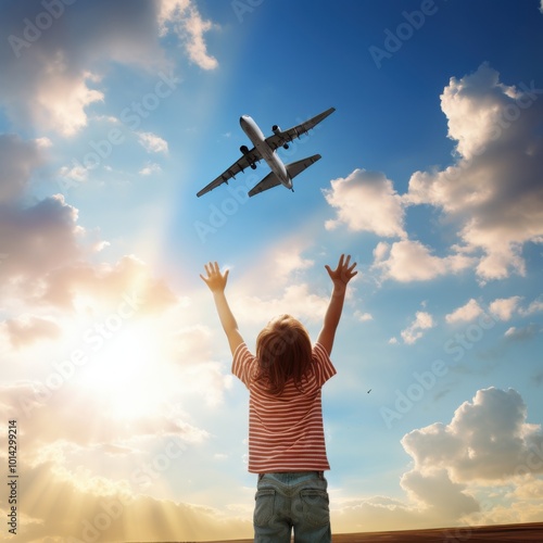 A child, back to the camera, raising arms under a vast sky with an airplane flying overhead, symbolizing dreams and aspiration.