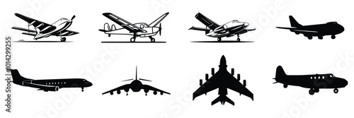 Set of Eight Vector  Different Airplane  Silhouette Icon 