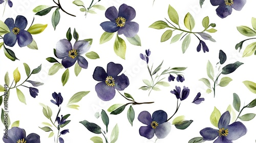 Seamless pattern of purple flowers and green leaves on a white background.