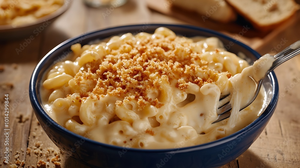 A bowl of macaroni and cheese with a fork and bread in the background. A bowl of macaroni and cheese with a fork and bread in the background.
