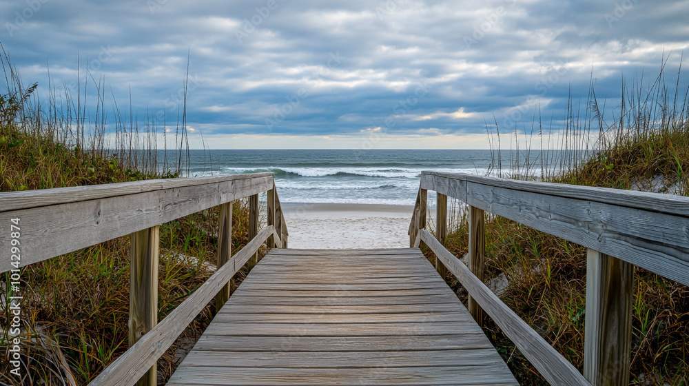 Naklejka premium A wooden boardwalk leads to a tranquil beach with gentle waves and cloudy skies at dusk
