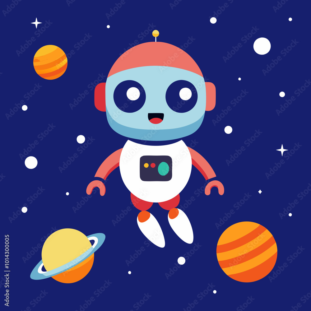 Naklejka premium A cute little robot flying in space