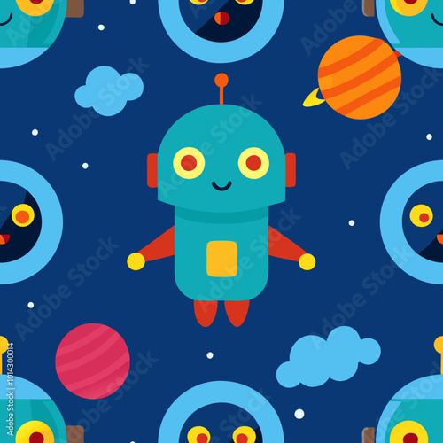 A cute little robot flying in space