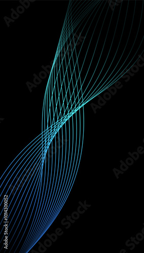 Abstract wavy dynamic blue green violet light lines curve banner on black background in concept technology, neural network, neurology, science, music, neon light