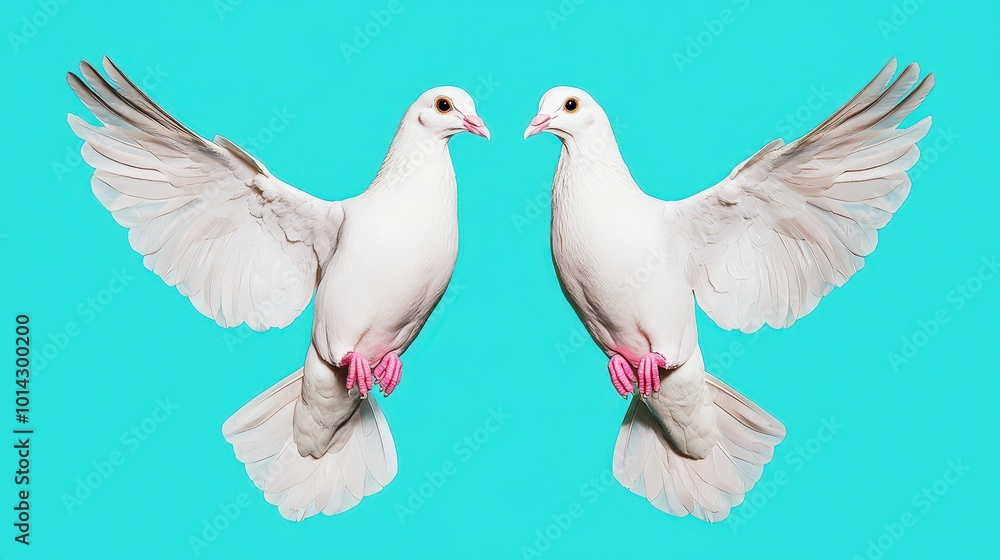 Fototapeta premium Two White Doves Flying in Opposite Directions on a Blue Background