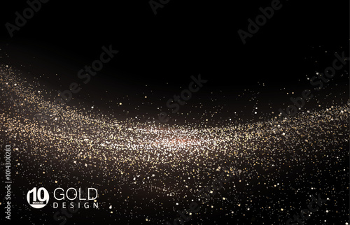 Isolated magnificent golden arch with shiny tinsel on black background.