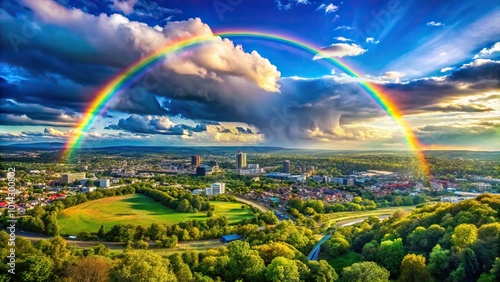 Vibrant and colorful panoramic view of a city's landscape, featuring a stunning rainbow stretching from one end to the other, set against a bright blue sky with puffy white clouds.