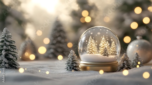 Minimalist 3D render of a holiday scene with a snow globe white gold decor soft lights
