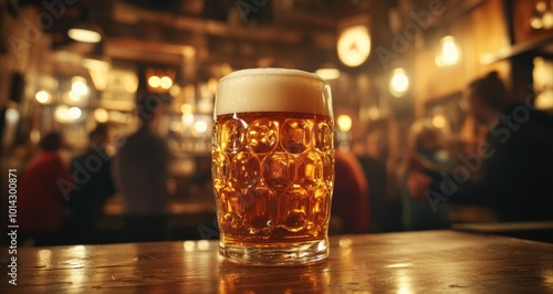 A glass of beer prominently displayed at the bar, set against a blurred backdrop of a lively American pub filled with patrons enjoying a night out. 