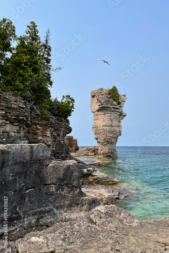 Flowerpot Island at Fathom Five National Marine Park on the Bruce Peninsula, Georgian Bay. Tobermory, Ontario, Canada.	 photo