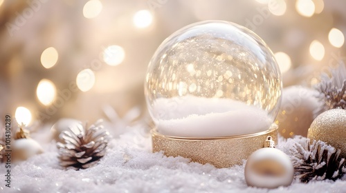 Festive white gold decorations surrounding an empty snow globe glowing softly photo