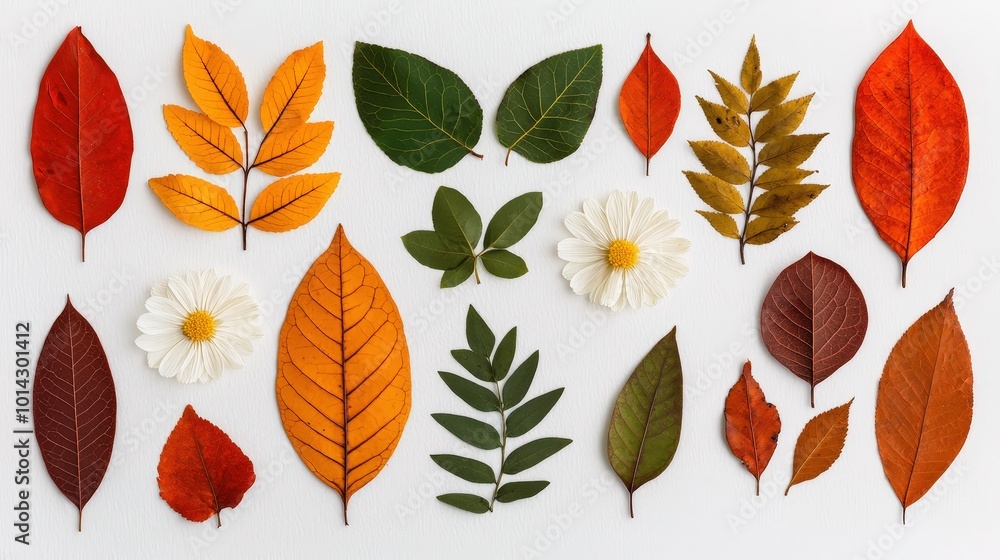 Obraz premium Autumn Leaf and Flower Arrangement on White Background Nature Design