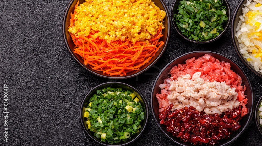 Asian Cuisine Ingredients Scrambled Eggs Carrot Pickled Ginger Kimchi Green Onions B Asian Cuisine Ingredients Scrambled Eggs Carrot Pickled Ginger Kimchi Green Onions B