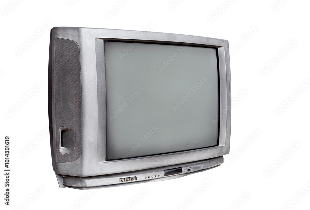 Analog old television with blank screen isolated on white background with clipping path, side view Analog old television with blank screen isolated on white background with clipping path, side view