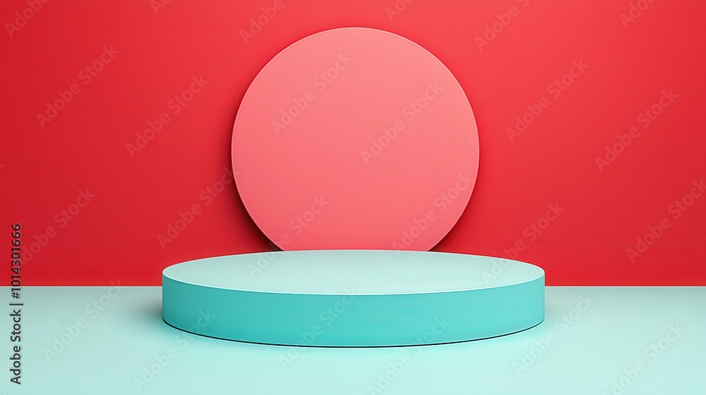 Minimalist Product Display with Blue Platform and Red Circle Background Minimalist Product Display with Blue Platform and Red Circle Background