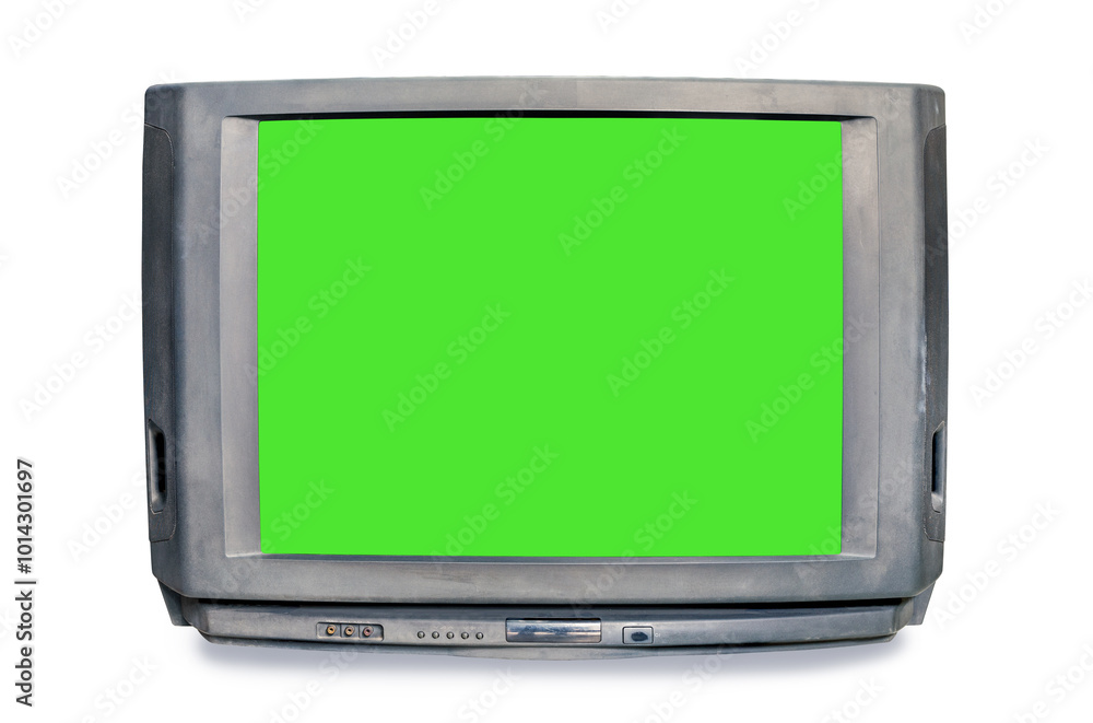Analog old television with green screen isolated on white background. Retro TV style with clipping path, front view Analog old television with green screen isolated on white background. Retro TV style with clipping path, front view