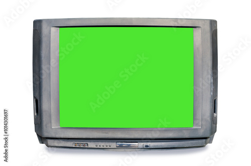 Analog old television with green screen isolated on white background. Retro TV style with clipping path, front view photo