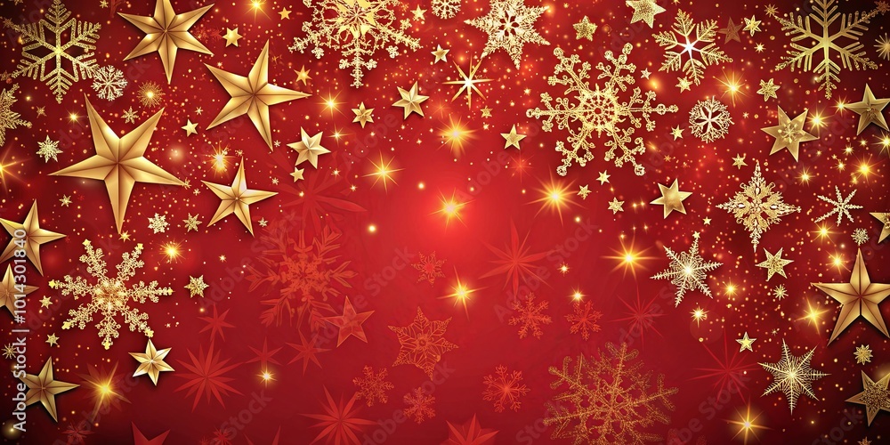 A festive background with a red canvas adorned with glittering gold stars and delicate snowflakes, creating a magical winter wonderland scene. A festive background with a red canvas adorned with glittering gold stars and delicate snowflakes, creating a magical winter wonderland scene.