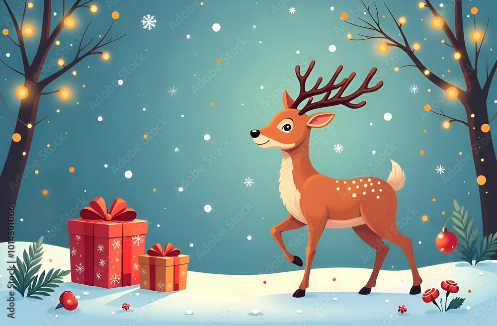 New Year and Christmas greeting card with beautiful winter background with fir tree and deer New Year and Christmas greeting card with beautiful winter background with fir tree and deer