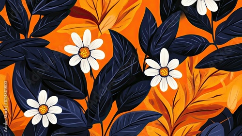 Wallpaper Mural Seamless pattern with white flowers and dark blue leaves on a orange background. Torontodigital.ca