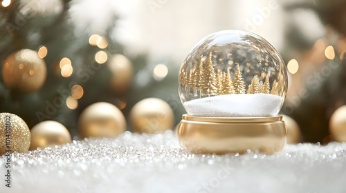 Holiday setting with golden baubles and a clear snow globe on a bright surface
