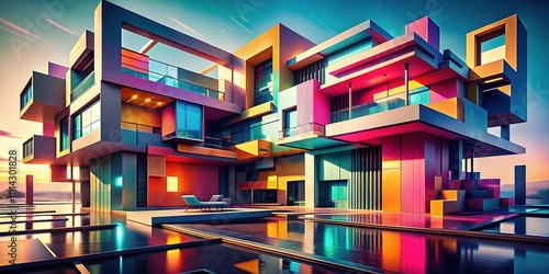 Abstract Modern Architecture 3D Render - Futuristic Design, Geometric Shapes, and Dynamic Structures photo