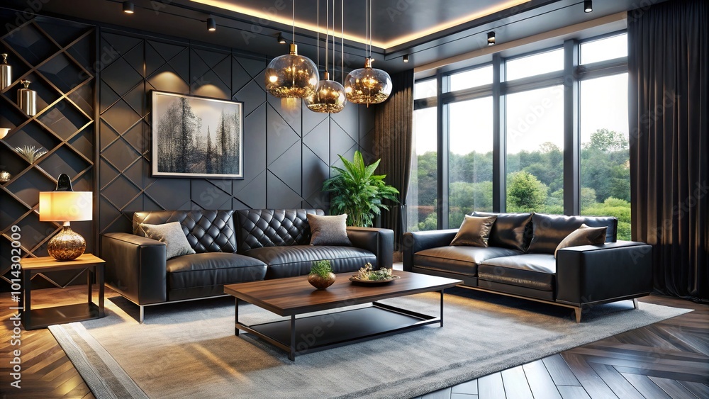 Aerial View of a Chic Black Modern Living Room Interior with Sleek Furniture and Stylish Decor Aerial View of a Chic Black Modern Living Room Interior with Sleek Furniture and Stylish Decor