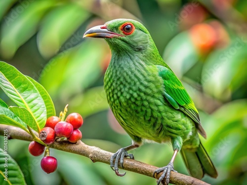 Australian Green Catbird Feeding on Sandpaper Fig Fruit in Lush Habitat photo