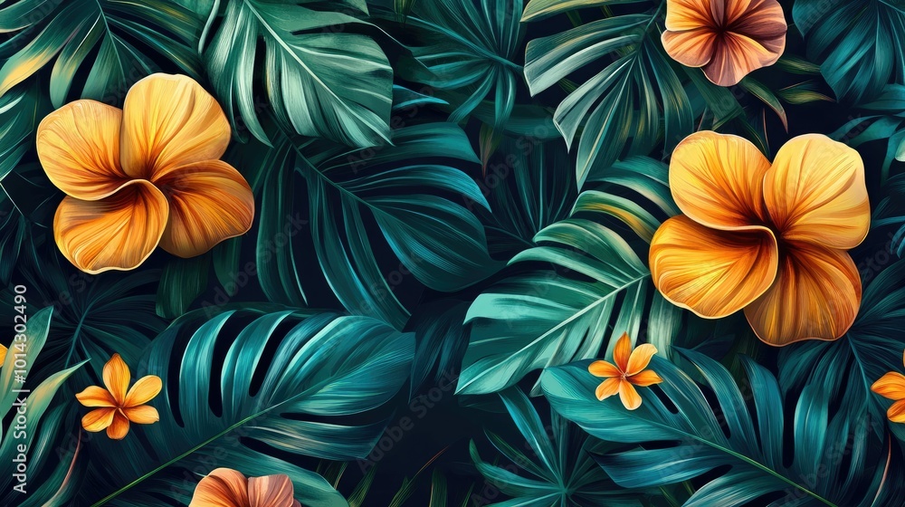 custom made wallpaper toronto digitalSeamless tropical pattern with lush green leaves and vibrant yellow flowers.