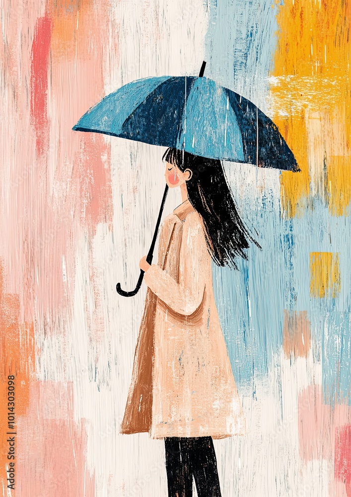 Fototapeta premium Woman with umbrella walking in a colorful rainy landscape