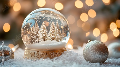 Snow globe glistening among white gold decorations soft glow from holiday lights photo