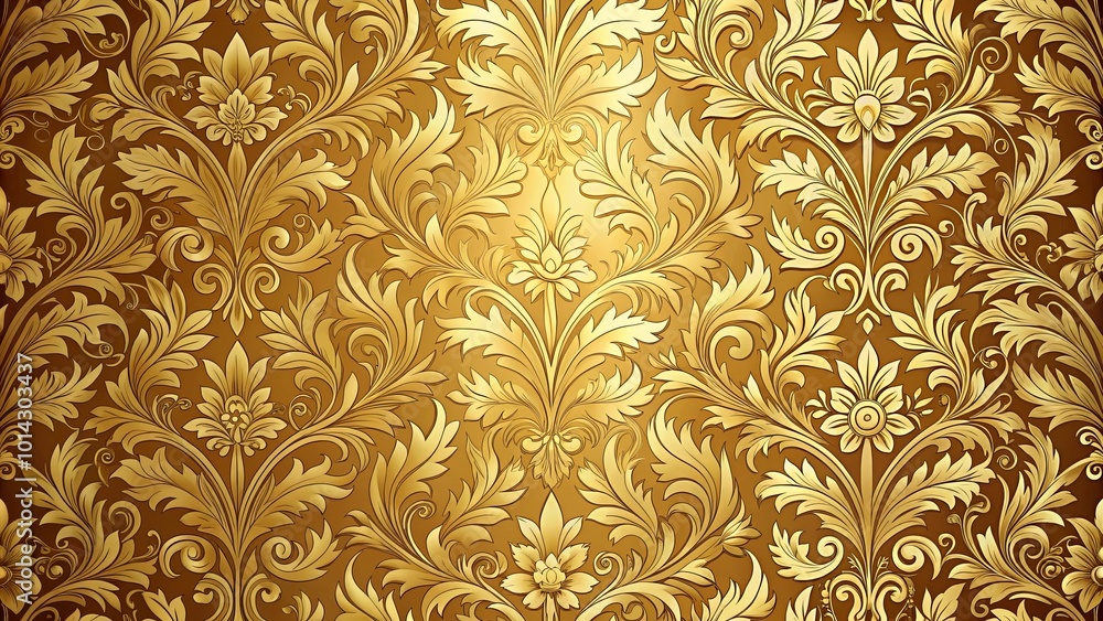 Intricate Golden Floral Pattern, A Symphony of Curls and Leaves, Adorned with Delicate Flower Motifs Intricate Golden Floral Pattern, A Symphony of Curls and Leaves, Adorned with Delicate Flower Motifs