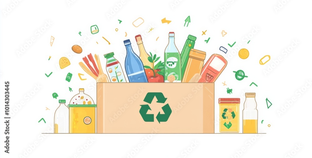 various eco-friendly items such as food, plastic bottles, glass jars, straws, a water bottle cap, and tins, all emerging from a paper bag, symbolizing recycling and sustainability. various eco-friendly items such as food, plastic bottles, glass jars, straws, a water bottle cap, and tins, all emerging from a paper bag, symbolizing recycling and sustainability.