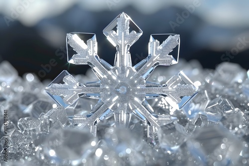 Close-up of snowflake on snow pile in nature.