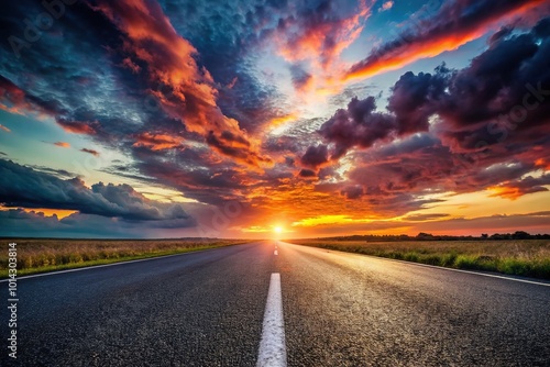 Dramatic Drone Photography of an Asphalt Road at Sunset with Vibrant Clouds and Evening Sky