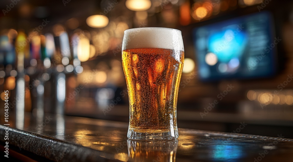 A glass of beer prominently placed on the bar counter, with a blurred TV screen in the background A glass of beer prominently placed on the bar counter, with a blurred TV screen in the background