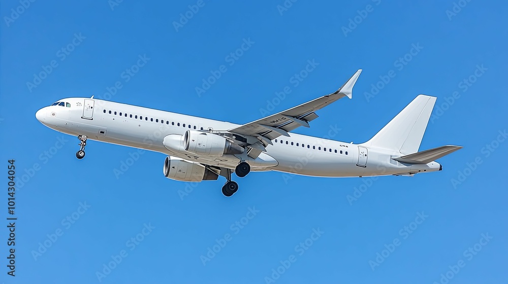 White Airplane in Flight Against a Clear Blue Sky White Airplane in Flight Against a Clear Blue Sky