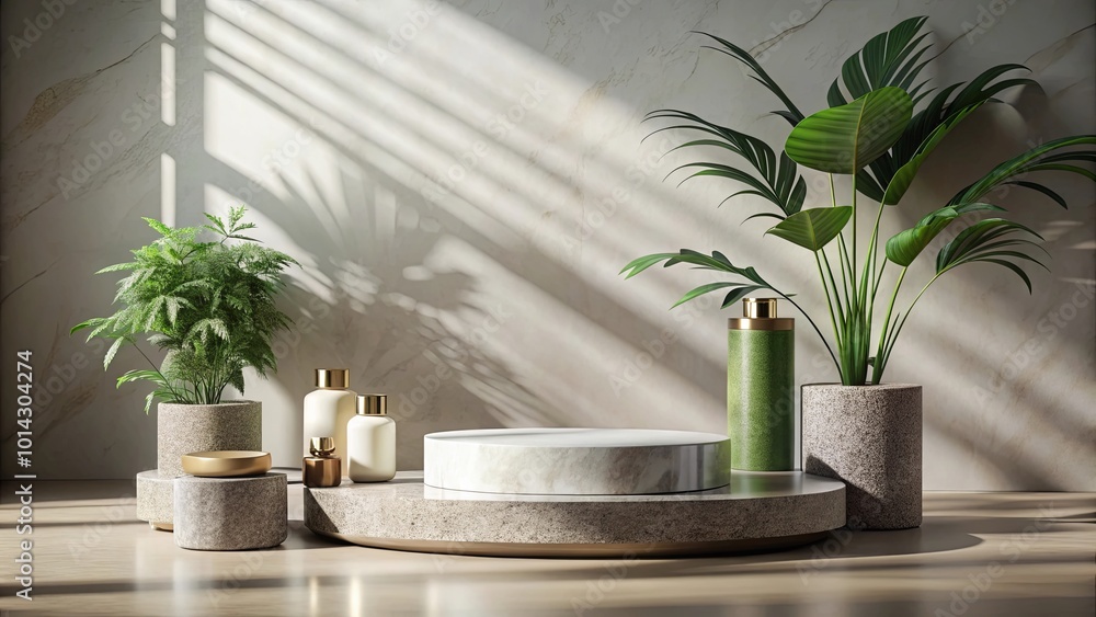 A Minimalist Composition of Natural Elements Featuring a Circular Marble Platform, Stone Potted Plants, and Golden Accents A Minimalist Composition of Natural Elements Featuring a Circular Marble Platform, Stone Potted Plants, and Golden Accents