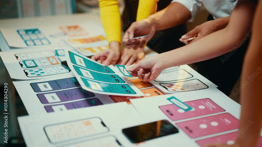 Hands of ui/ux designers arranging various components of a mobile application design prototype on a table, showcasing collaboration and creativity in the development process Hands of ui/ux designers arranging various components of a mobile application design prototype on a table, showcasing collaboration and creativity in the development process