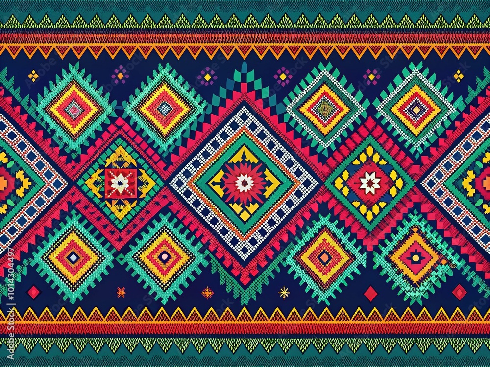 Geometric Ikat Pattern Border - Modern Indian Textile Design for Aerial Photography Geometric Ikat Pattern Border - Modern Indian Textile Design for Aerial Photography